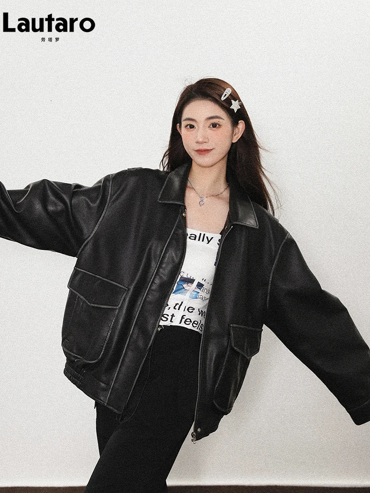 Lautaro Spring Autumn Cool Handsome Soft Vintage Distressed Brown Pu Leather Jacket Women Long Sleeve y ner Clothing 260715 - view 4