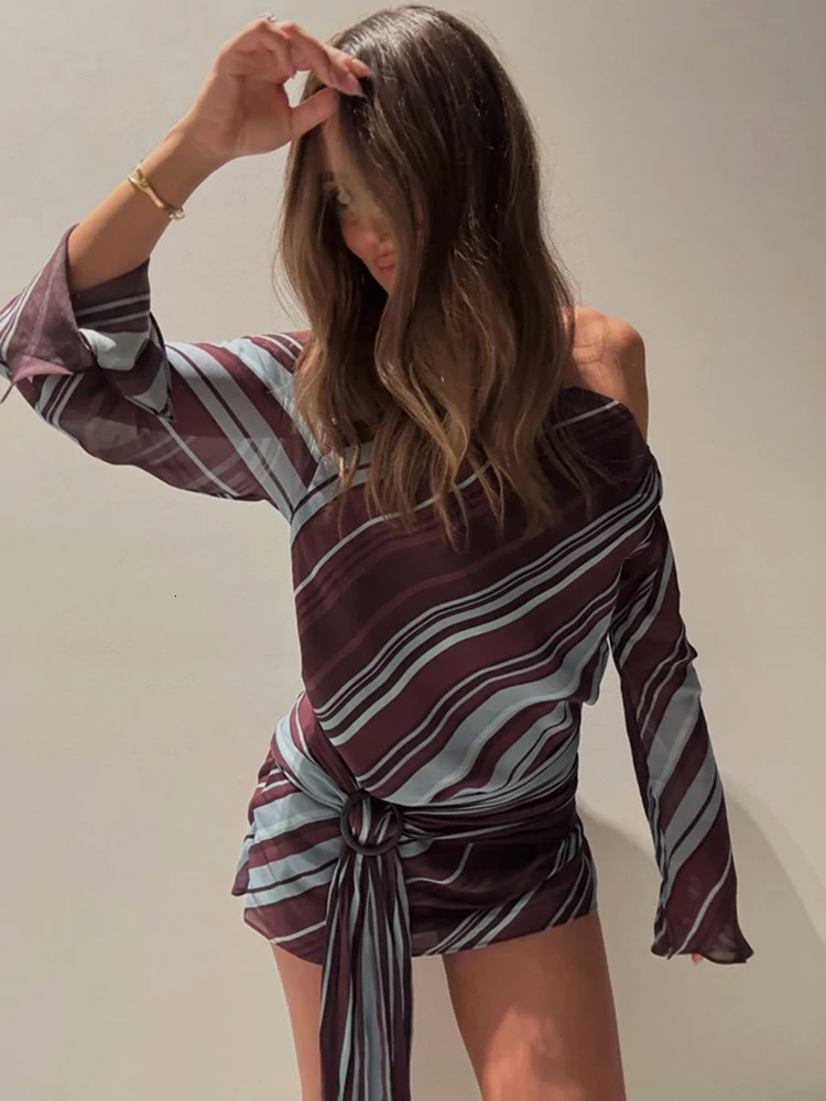 JULISSA MO Sexy One Shoulder Printed Striped Bandage Women Dress Long Sleeve High Waist Mini Dress Summer Slim Elegant Beachwear 260715 - view 5