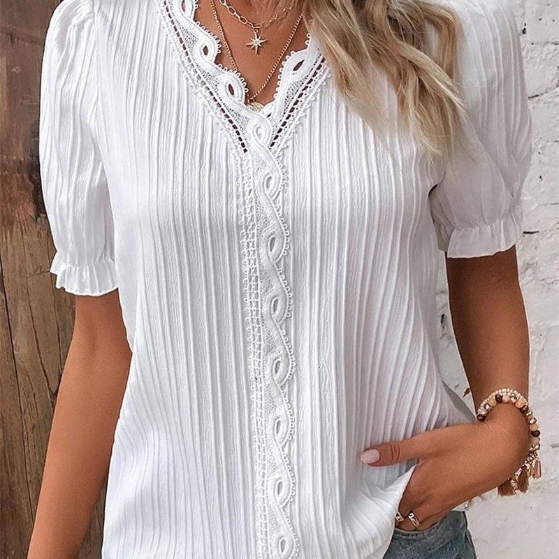 Plus Size Womens Shirt Blouse Yellowgreen Violets White Plain Lace Short Sleeve Casual Basic V Neck Regular Pullover Blo y260711banjia