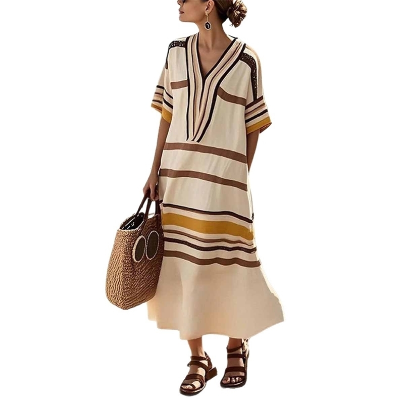 Summer Casual Fashion Striped Printed Vacation Long Dress Womens Temperament V-neck Five Quarter Sleeve Loose Dress 260715 - view 3