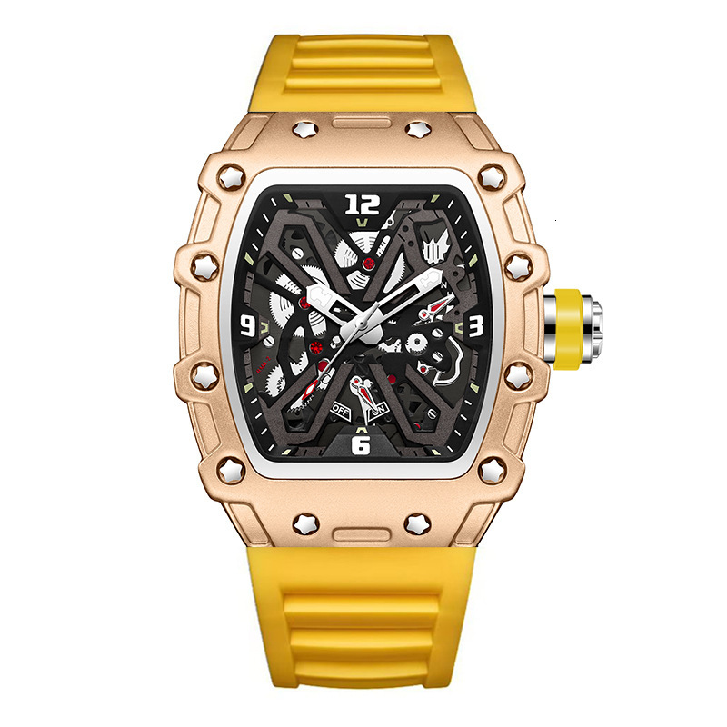 Men's Skeleton Quartz Watch, Analog Rose Gold Resin Case - 40 mm Oval Jade Window, Black Strap, Red Ceramic Band, Japanese-Korean Style Luxury Timepie - view 8