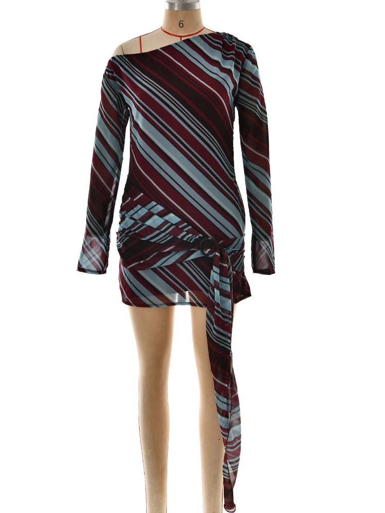 JULISSA MO Sexy One Shoulder Printed Striped Bandage Women Dress Long Sleeve High Waist Mini Dress Summer Slim Elegant Beachwear 260715 - view 7