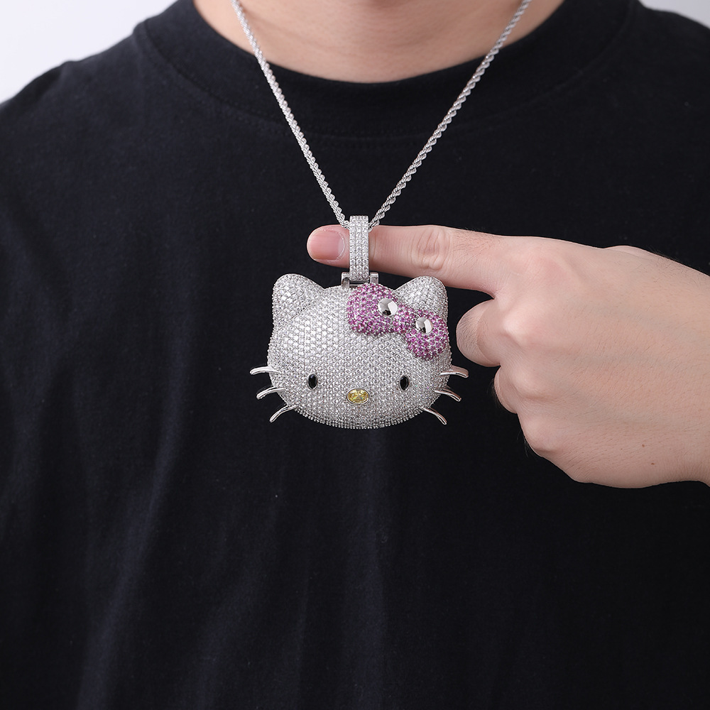 New Luxury Jewelry cat pendant with full diamond inlay cute pink Moissanite fashion personality hip-hop necklace for men and women - view 5
