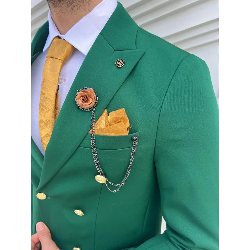 Summer Green Men Suits Two Piece Chic Lapel Double Breasted Wear Fashion Business Casual Office Suit Slim BlazerPants 260715CJ - view 4