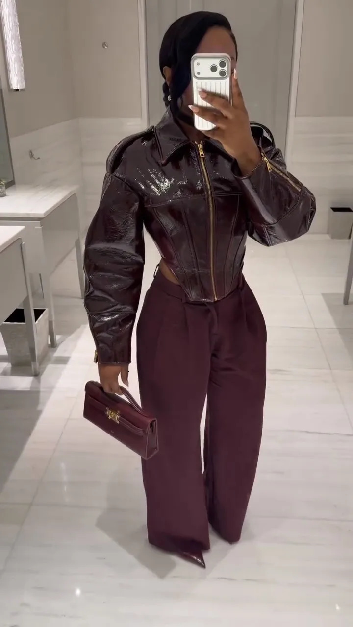 Women Retro Coated Cinched-waist Leather Jacket Lady Casual Lapel Full Sleeve Zipper Fishbone Coats 2026 Daily High Street Coat 260715CJ - view 7