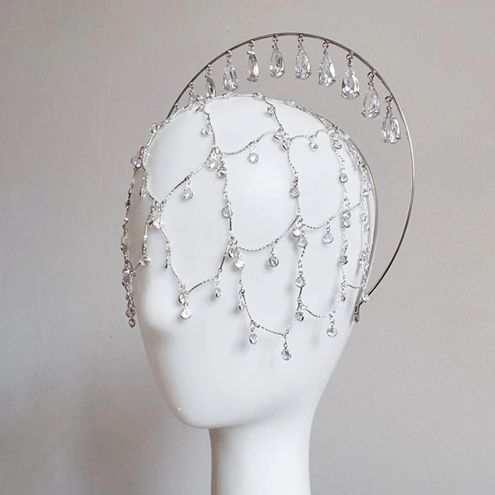 Bridal Water Drop Forehead Headband Hat Princess Hair Accessories INS Fashion Mesh Rhinestone Head Chain Cap Wedding for Women 260715 - view 5