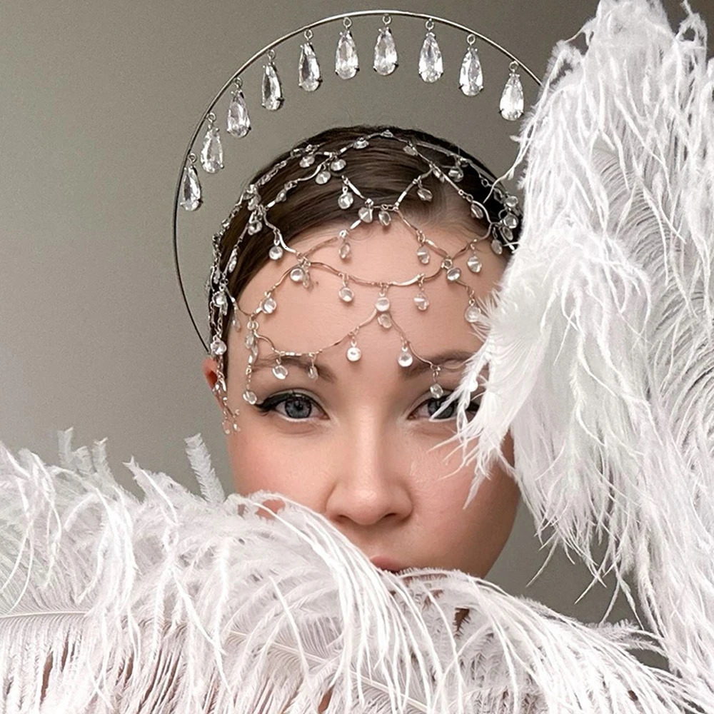 Bridal Water Drop Forehead Headband Hat Princess Hair Accessories INS Fashion Mesh Rhinestone Head Chain Cap Wedding for Women 260715