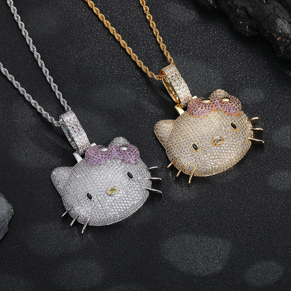 New Luxury Jewelry cat pendant with full diamond inlay cute pink Moissanite fashion personality hip-hop necklace for men and women