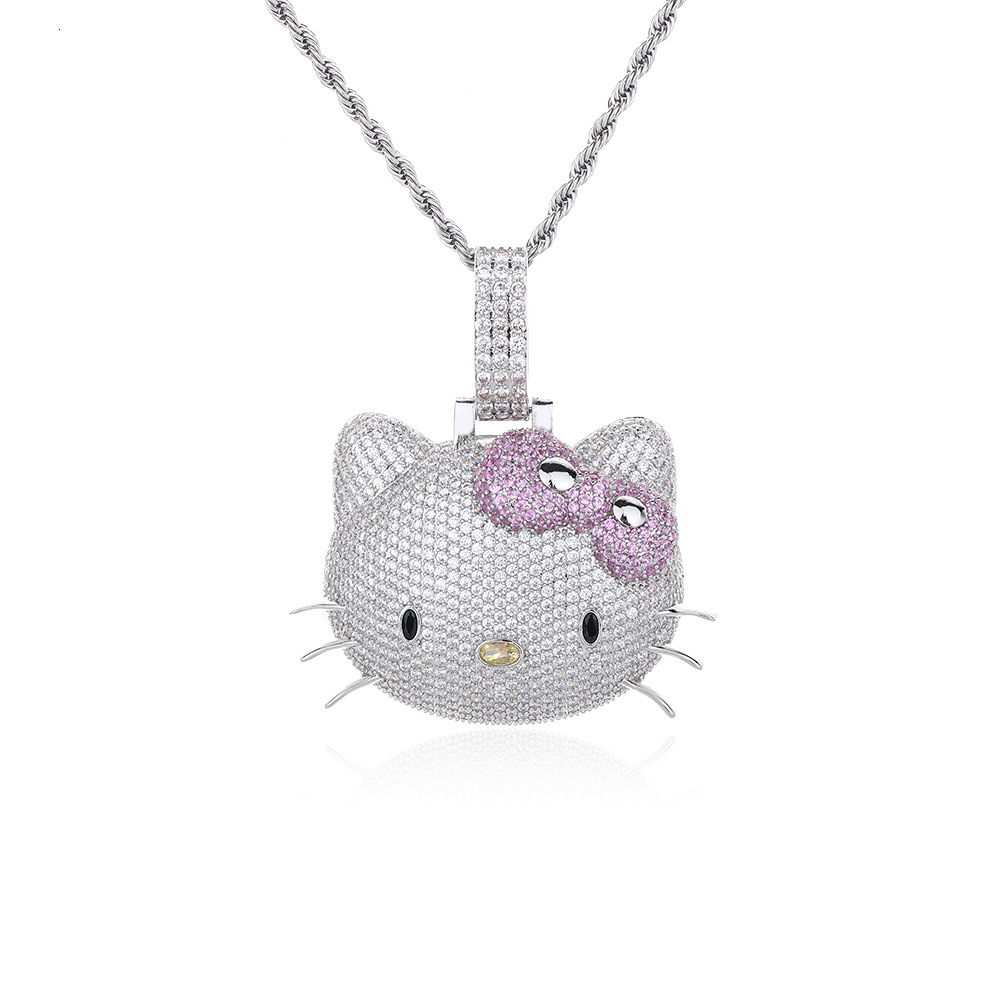 New Luxury Jewelry cat pendant with full diamond inlay cute pink Moissanite fashion personality hip-hop necklace for men and women - view 7