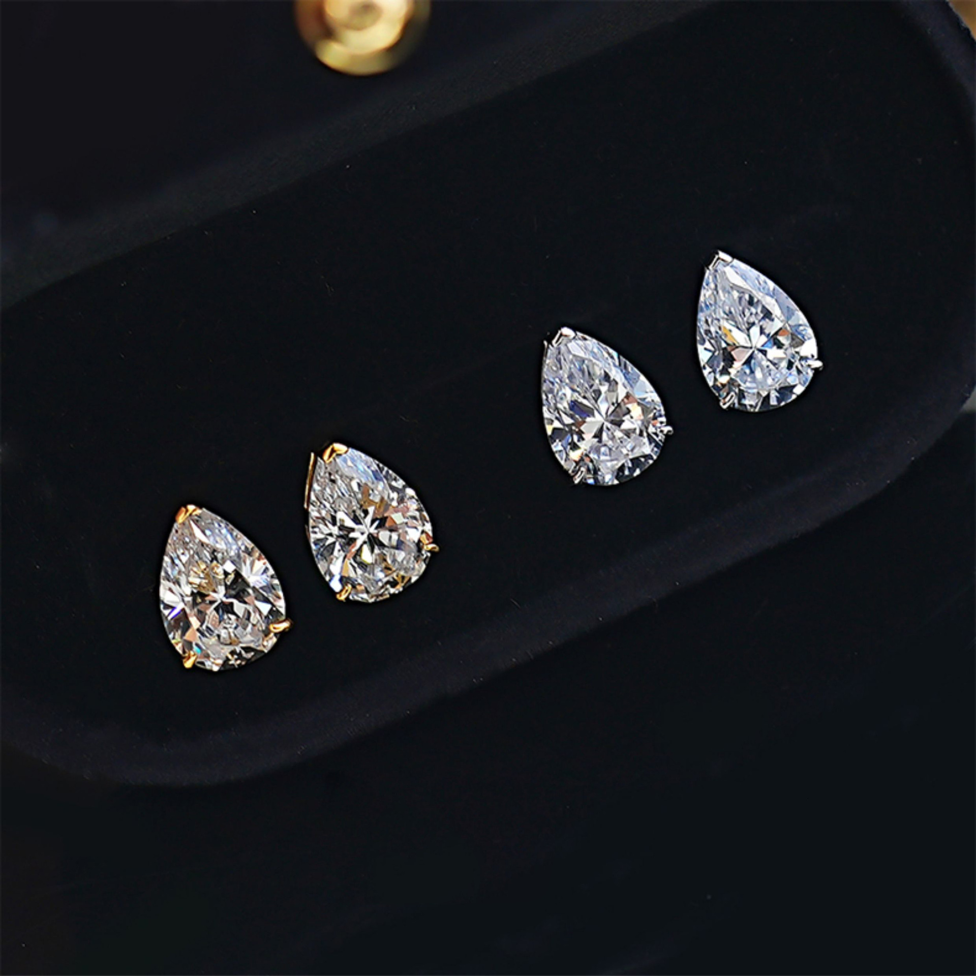 3 Prong Pear Cut Cubic Zirconia Stud Earrings Gold Tone Teardrop Ear Jewelry For Women - view 3