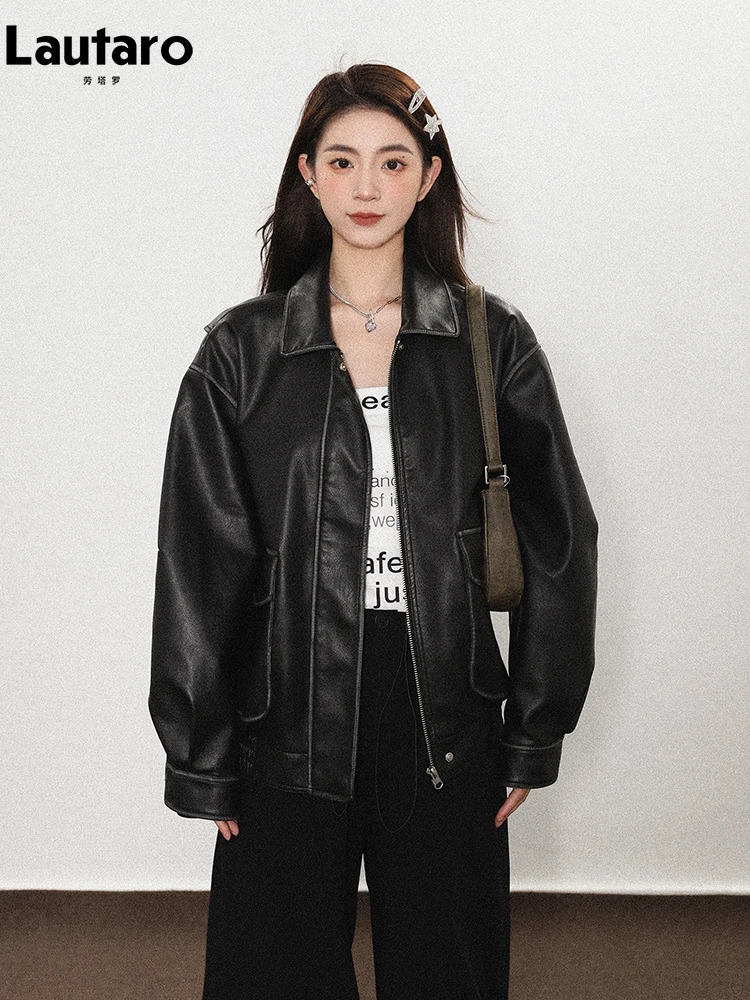 Lautaro Spring Autumn Cool Handsome Soft Vintage Distressed Brown Pu Leather Jacket Women Long Sleeve y ner Clothing 260715 - view 7