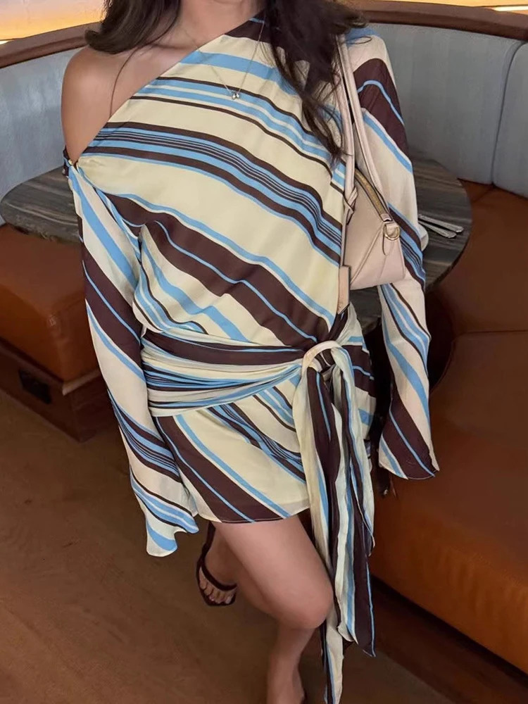 JULISSA MO Sexy One Shoulder Printed Striped Bandage Women Dress Long Sleeve High Waist Mini Dress Summer Slim Elegant Beachwear 260715 - view 3