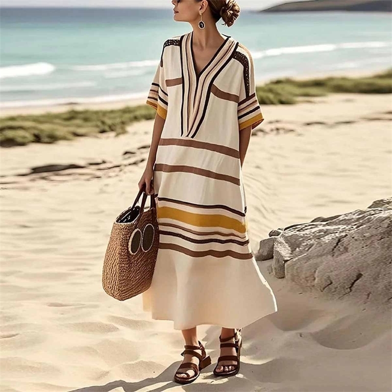 Summer Casual Fashion Striped Printed Vacation Long Dress Womens Temperament V-neck Five Quarter Sleeve Loose Dress 260715 - view 4
