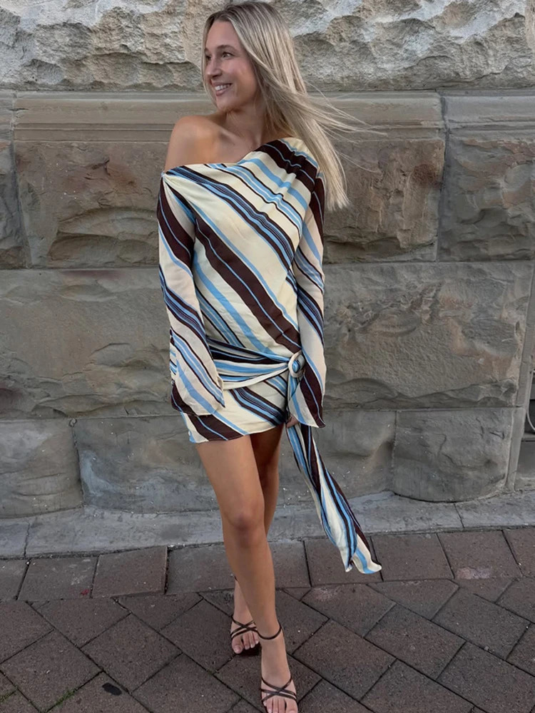 JULISSA MO Sexy One Shoulder Printed Striped Bandage Women Dress Long Sleeve High Waist Mini Dress Summer Slim Elegant Beachwear 260715 - view 4