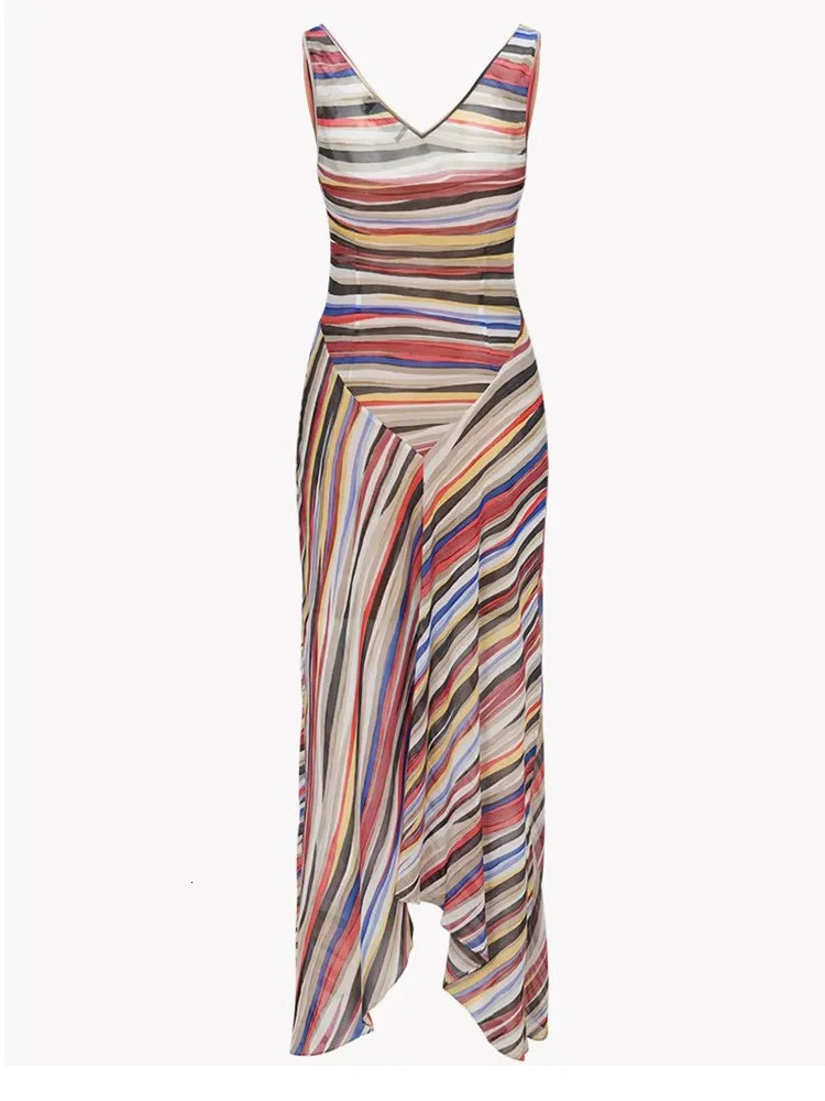 Summer Sleeveless Striped Spaghetti Strap Women Dress Irregular Tight Vacation Vestidos V-neck Fashion Long Skirt Loose 2026 260715 - view 7