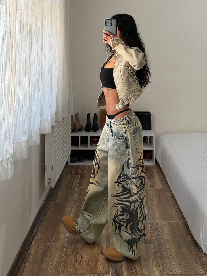 Women's Jeans Y2K Baggy Men Streetwear Tribal Graphic Wide Leg Denim Pants Celebrity style washed water distressed whirlpool totem printed straig - view 4