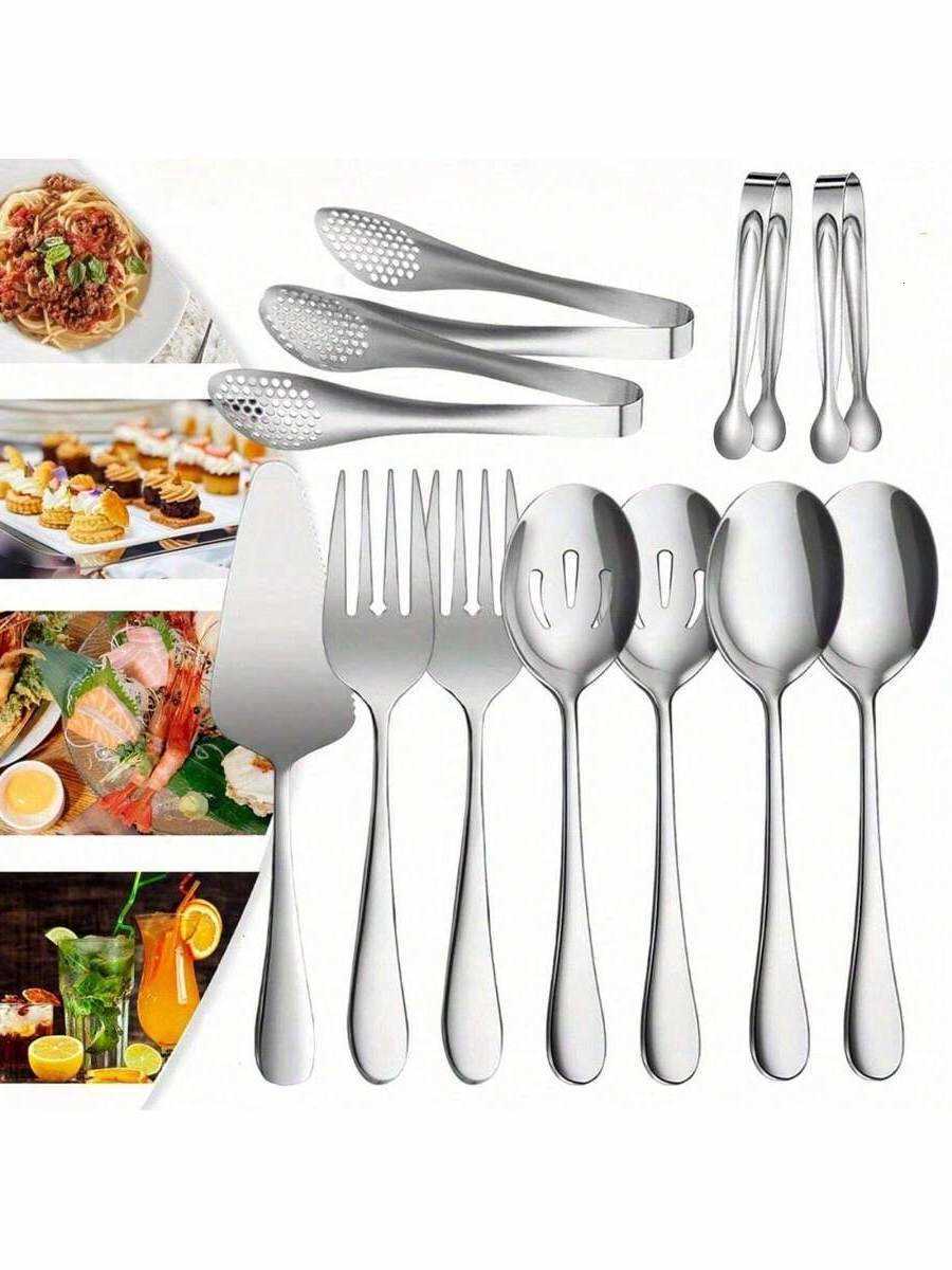 11 PCS Serving Utensils Stainless Steel Spoons Forks Tongs Pie Server Great For Buffet Catering Banquet Party Dining Sets H260717