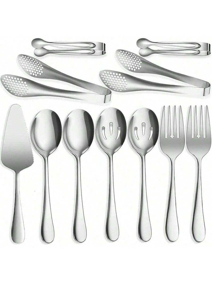 11 PCS Serving Utensils Stainless Steel Spoons Forks Tongs Pie Server Great For Buffet Catering Banquet Party Dining Sets H260717 - view 3