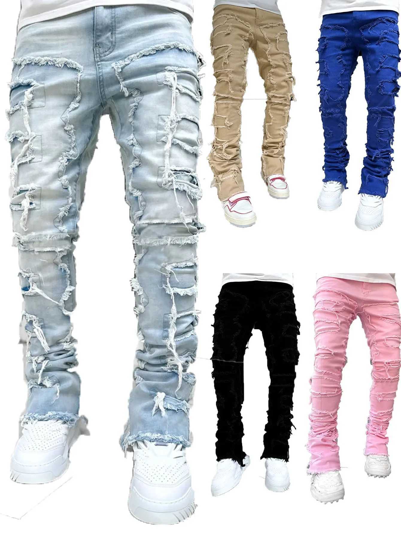 Streetwear Mens Regular Fit Fashion Stacked Jeans Ripped Slim Fit Patch Distressed Destroyed Straight Denim Pants 2024 S-3XL J2607016 - view 4