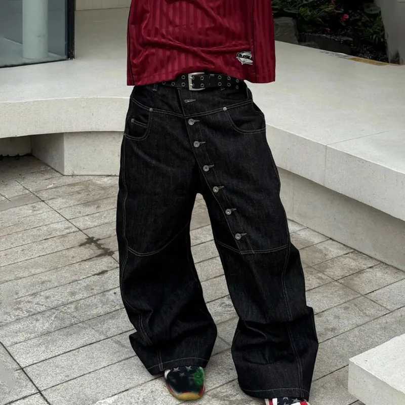 Curved Korean Buckle High Street Jeans Autumn MenS Loose Straight Leg Pants Black Wide Leg Pants Casual Pants Hip-Hop Pants J2607016 - view 5