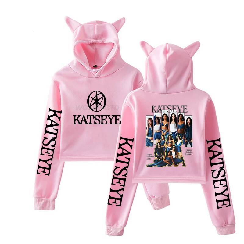 Harajuku Fashion Streetwear Girls Hoodie KATSEYE New Street Style Cat Ear Crop Tops Pullover Girl Vintage Gothic Y2k Sweatshirts J260717