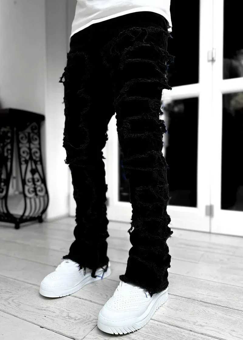 Streetwear Mens Regular Fit Fashion Stacked Jeans Ripped Slim Fit Patch Distressed Destroyed Straight Denim Pants 2024 S-3XL J2607016 - view 3