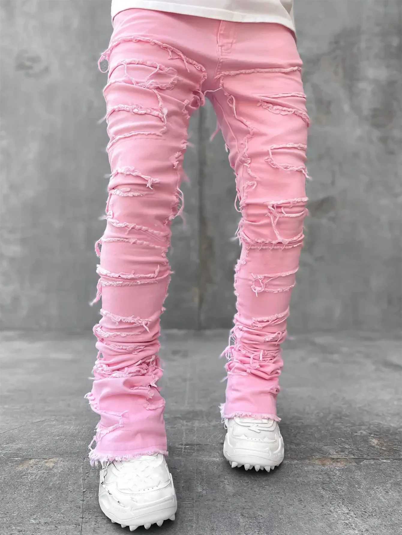 Streetwear Mens Regular Fit Fashion Stacked Jeans Ripped Slim Fit Patch Distressed Destroyed Straight Denim Pants 2024 S-3XL J2607016 - view 5