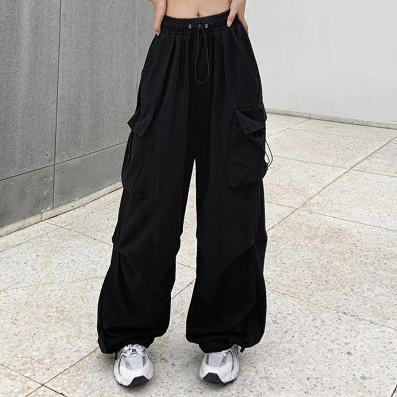 Women Casual Baggy Cargo Pants Solid Low Waist Joggers Tech Pants Drawstring Wide Leg Baggy Trousers Y2K Streetwear Sweatpants 260716 - view 3
