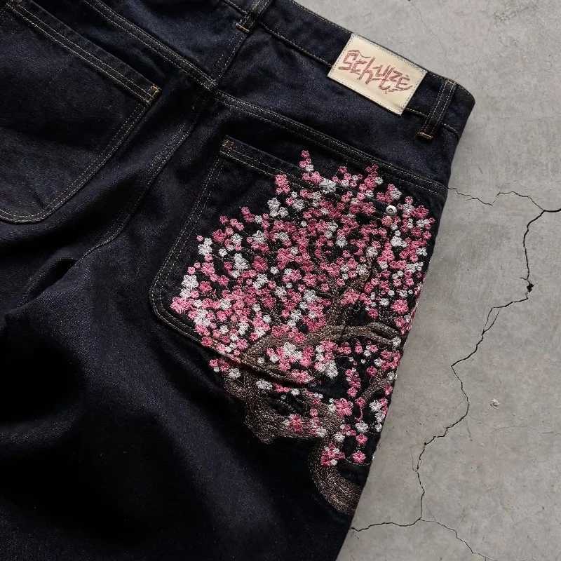 Cherry Y2K Baggy Blossom Jeans Embroidery Denim Pants Men Women American Hiphop Streetwear Wide Leg Denim Trousers J2607016 - view 3