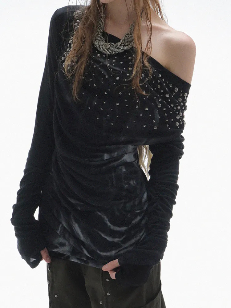 Fashionable American retro y2k Harajuku punk early autumn swing collar oblique shoulder diamond print sense top emo 260716 - view 3
