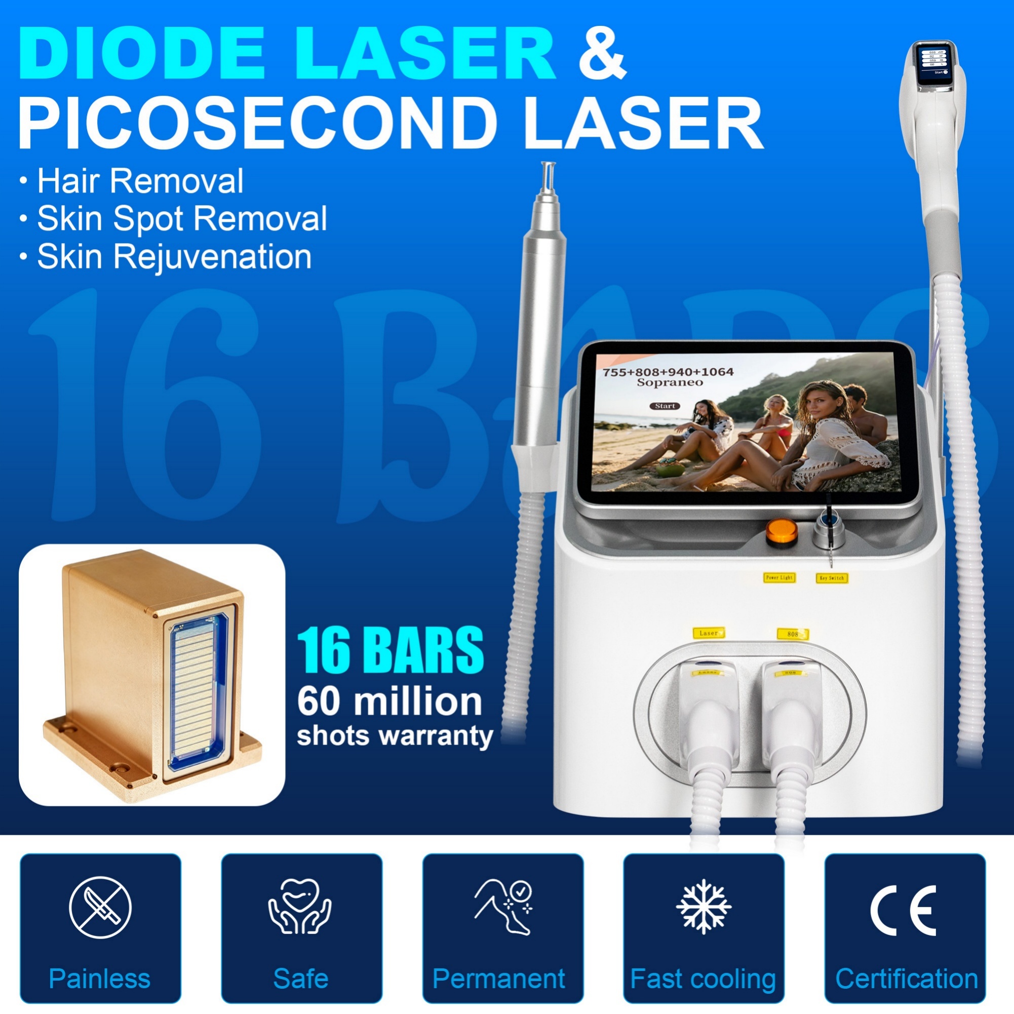 2 in 1 16 Bars 5000W Diode Laser Hair Removal Picosecond Tattoo Removal Machine 4 Wavelengths Skin Rejuvenation Sapphire Ice Cooling For Salon