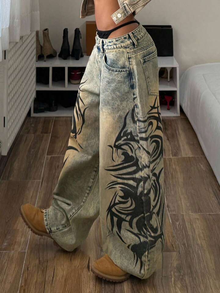 Women's Jeans Y2K Baggy Men Streetwear Tribal Graphic Wide Leg Denim Pants Celebrity style washed water distressed whirlpool totem printed straig - view 5