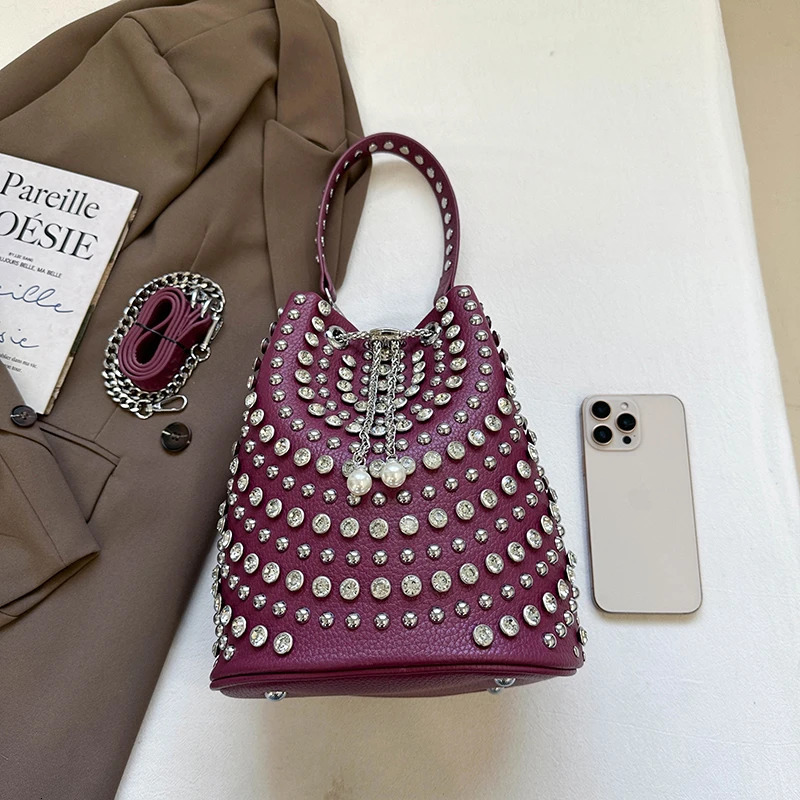 Fashion Solid Color PU Retro Youth Crossbody Bags Sweet Exquisite Commuting Bucket Bag Rivet Decoration Shoulder Bags for Women 260716