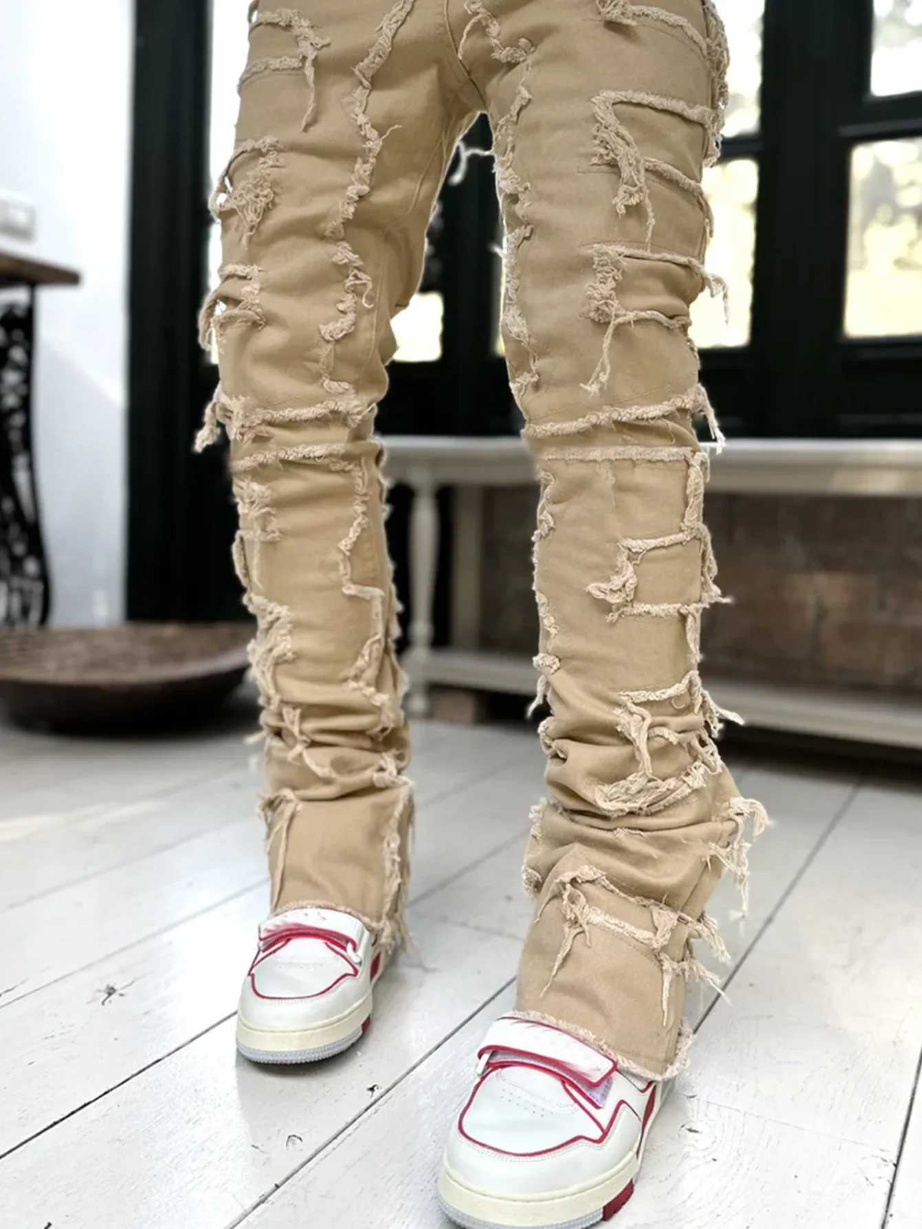 Streetwear Mens Regular Fit Fashion Stacked Jeans Ripped Slim Fit Patch Distressed Destroyed Straight Denim Pants 2024 S-3XL J2607016 - view 7