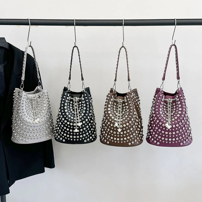 Fashion Solid Color PU Retro Youth Crossbody Bags Sweet Exquisite Commuting Bucket Bag Rivet Decoration Shoulder Bags for Women 260716 - view 3
