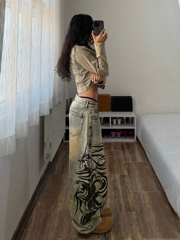 Women's Jeans Y2K Baggy Men Streetwear Tribal Graphic Wide Leg Denim Pants Celebrity style washed water distressed whirlpool totem printed straig - view 8