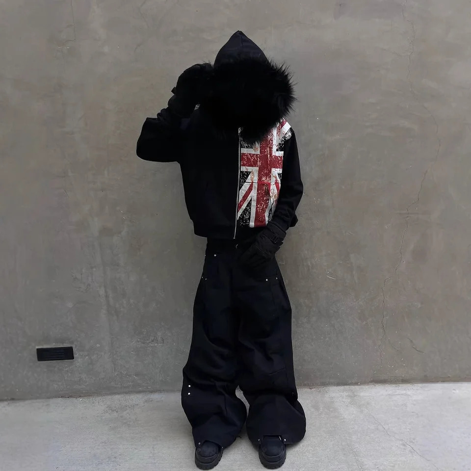 Y2K Gothic Zipper Hoodie with Faux Fur Collar UK Flag Print Short Street Jacket Loose Fit for Men And Women 260717 - view 5
