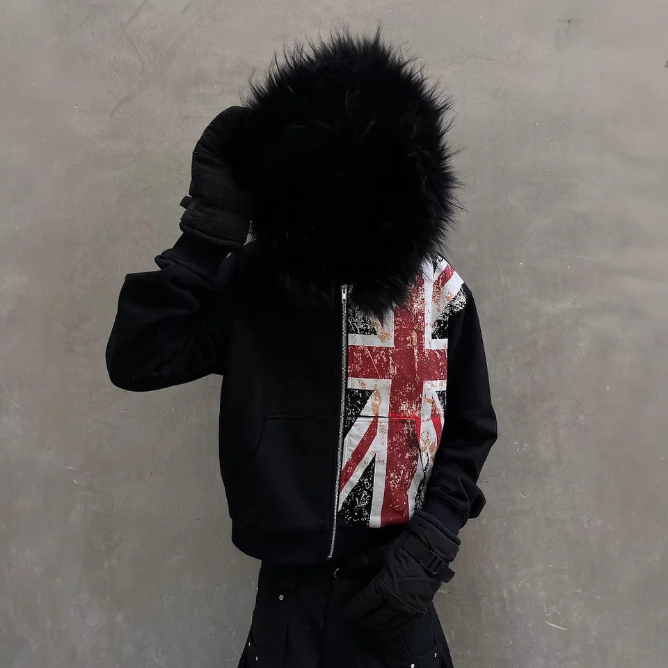 Y2K Gothic Zipper Hoodie with Faux Fur Collar UK Flag Print Short Street Jacket Loose Fit for Men And Women 260717 - view 4
