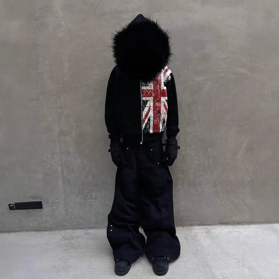 Y2K Gothic Zipper Hoodie with Faux Fur Collar UK Flag Print Short Street Jacket Loose Fit for Men And Women 260717 - view 3