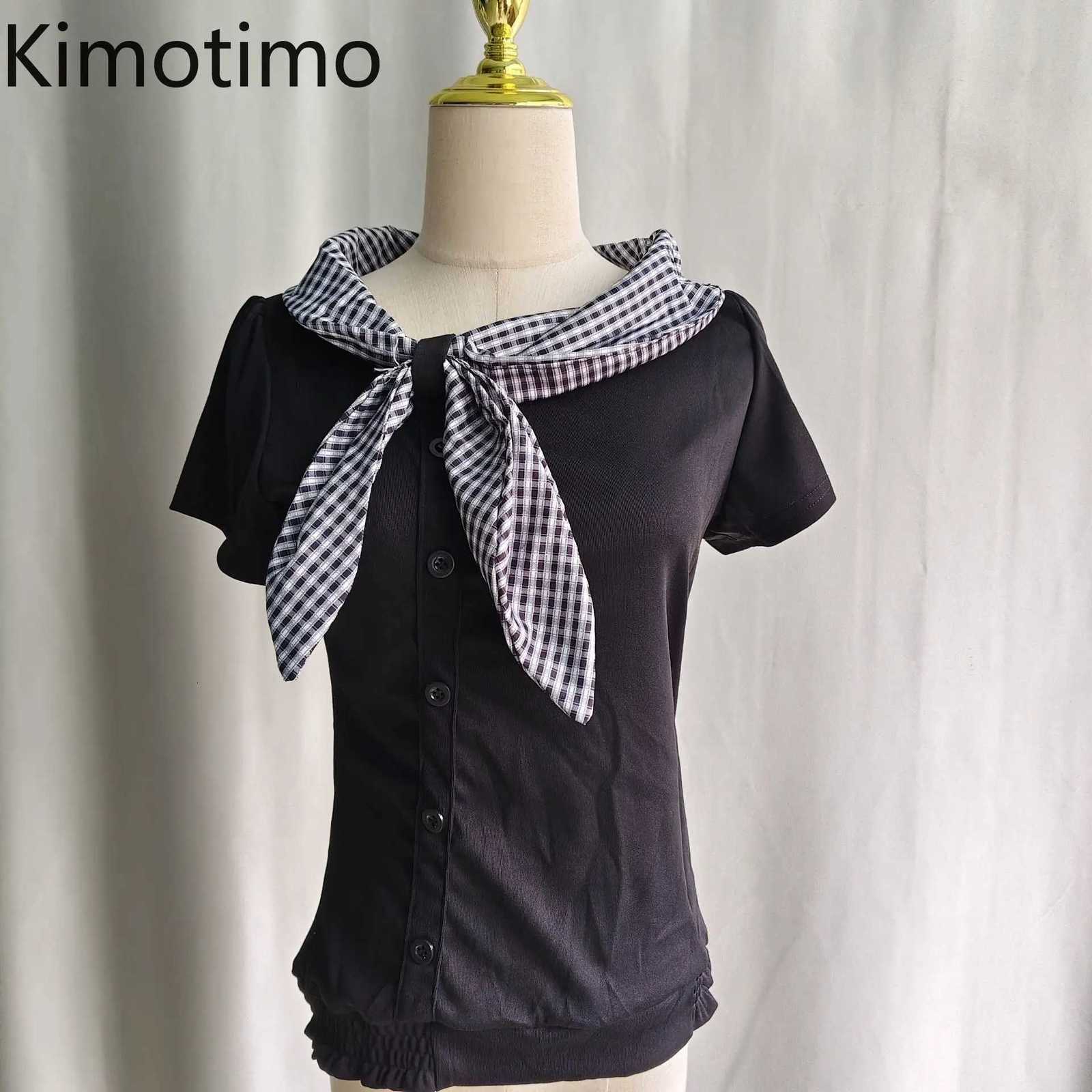 Sailor Irregular Plaid Kimotimo Retro Collar T-shirt Women Japanese Y2k Aesthetic Short Sleeve Tops Sweet Single Breasted Tees J260717 - view 3