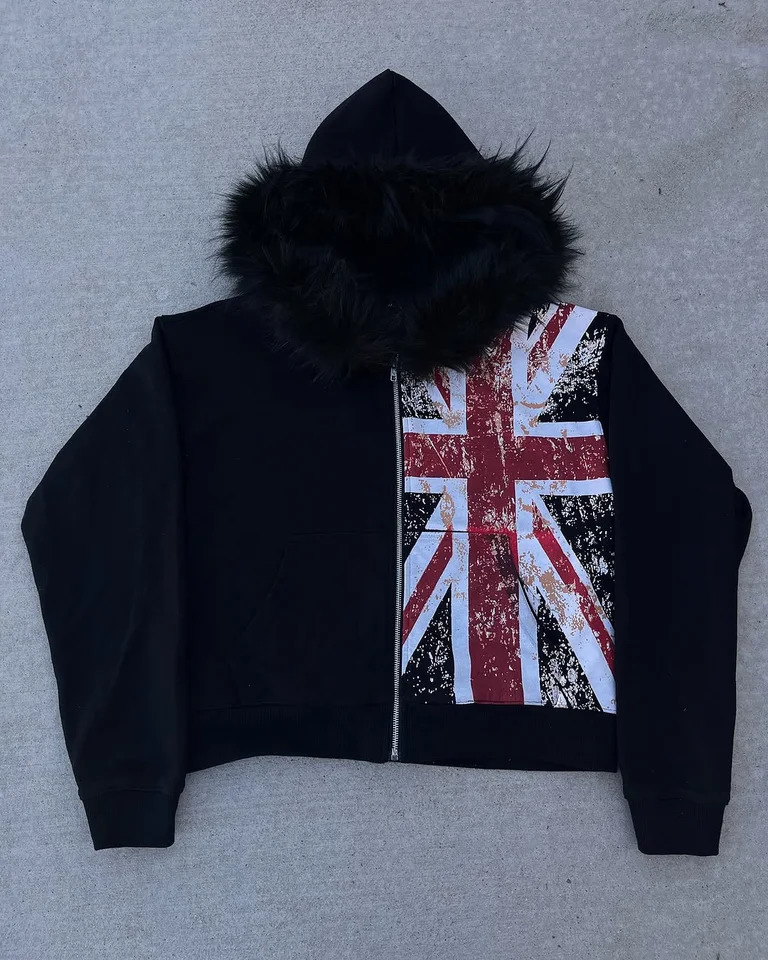 Y2K Gothic Zipper Hoodie with Faux Fur Collar UK Flag Print Short Street Jacket Loose Fit for Men And Women 260717 - view 6