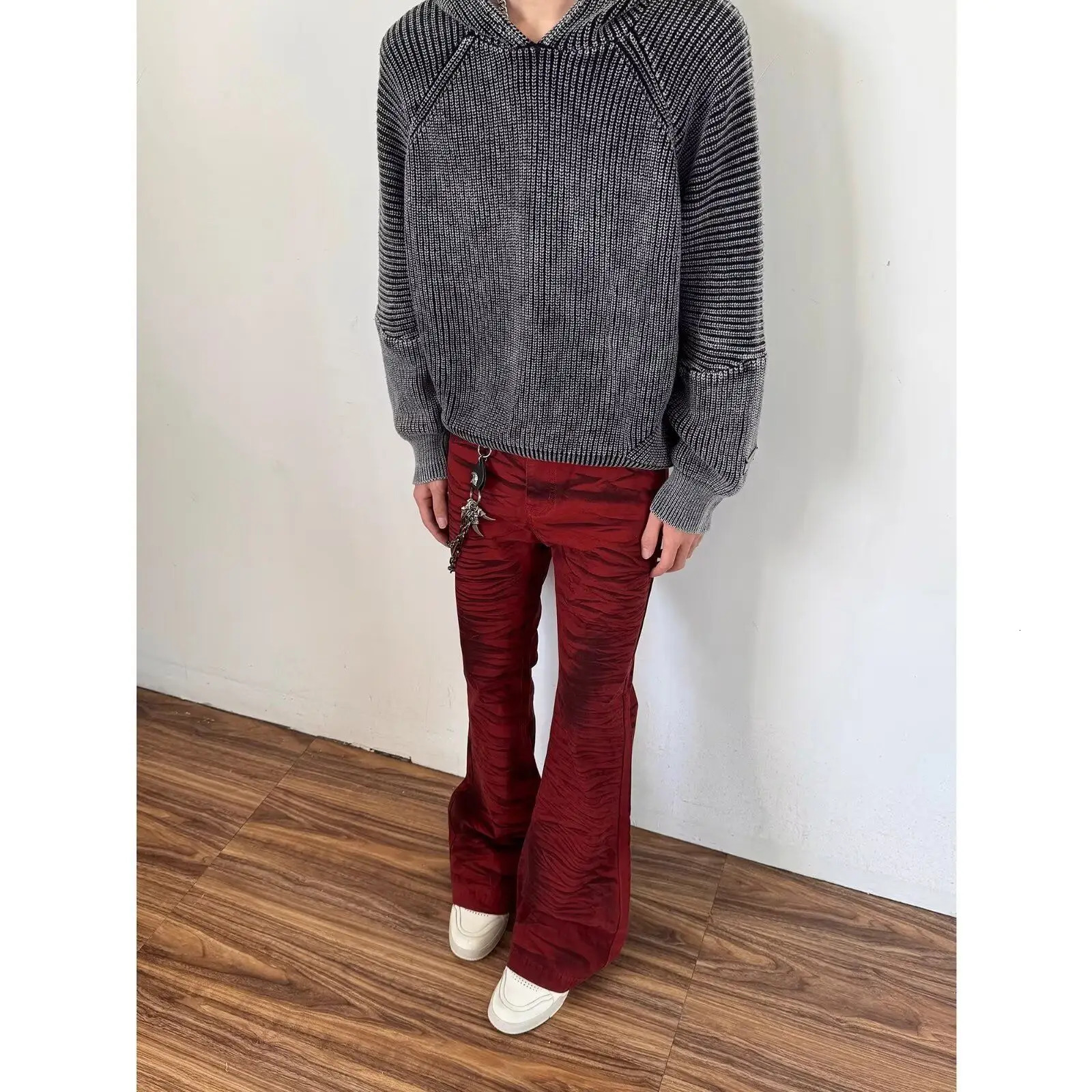 Autumn trendy red Y2K retro bootcut jeans mens trendy cleanfit American high street vibe flared pants 260717 - view 7