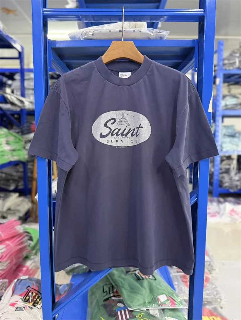 Mx6 Vintage Letter Pattern SAINT Printed Washed Cotton High Street Casual Short Sleeve Loose Comfortable Fashion T-shirt Men J260711 - view 3