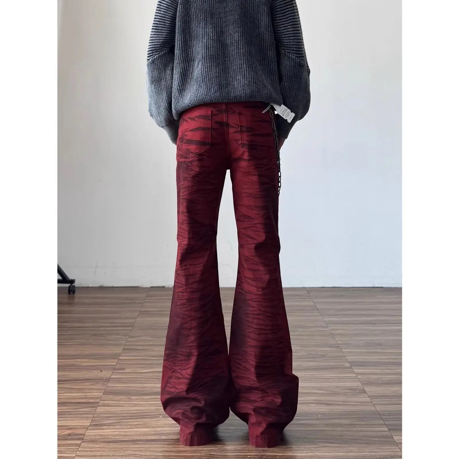 Autumn trendy red Y2K retro bootcut jeans mens trendy cleanfit American high street vibe flared pants 260717 - view 5