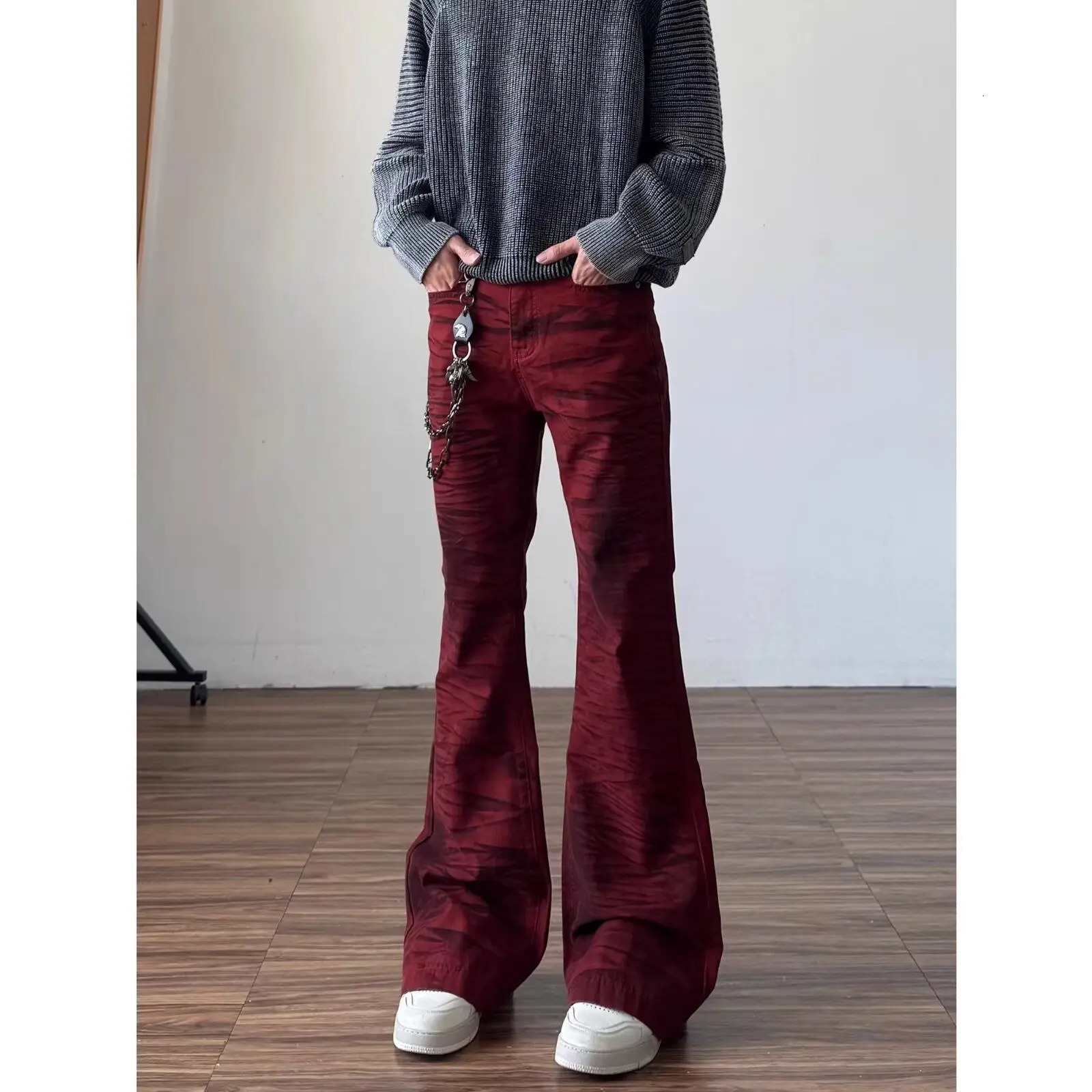 Autumn trendy red Y2K retro bootcut jeans mens trendy cleanfit American high street vibe flared pants 260717 - view 3