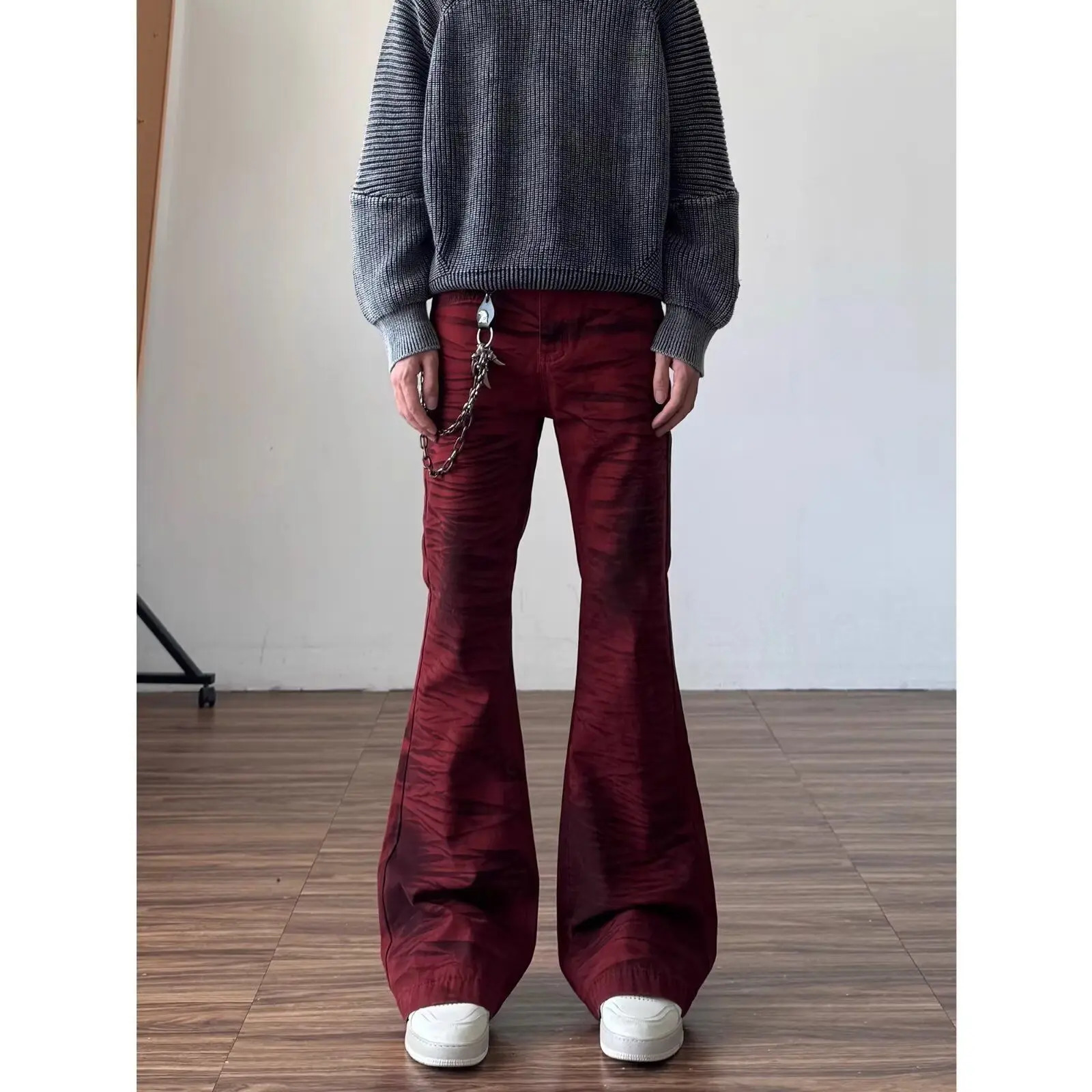 Autumn trendy red Y2K retro bootcut jeans mens trendy cleanfit American high street vibe flared pants 260717 - view 4