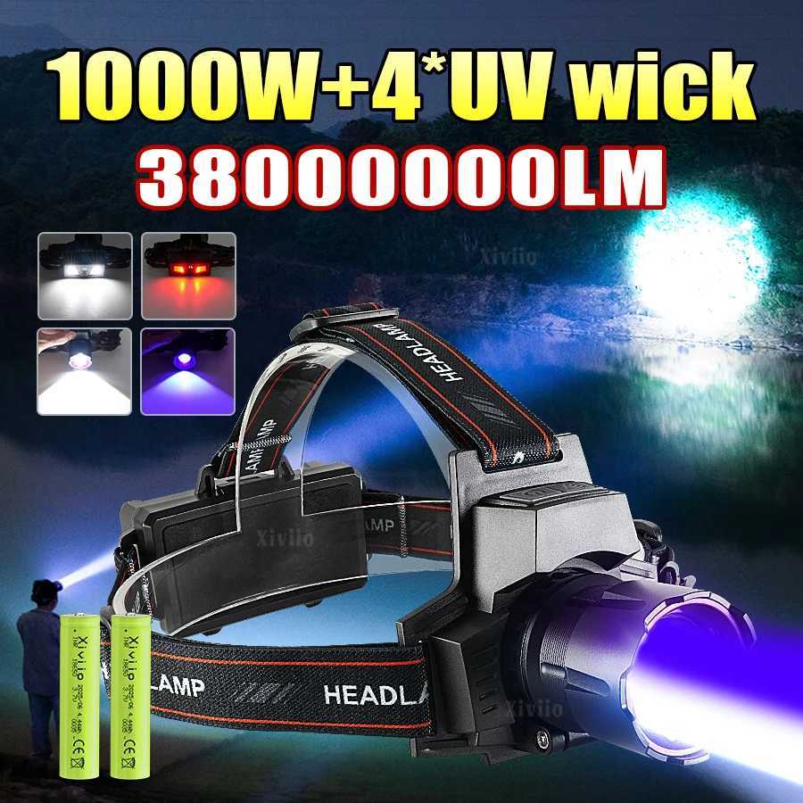 Super Powerful Headlamp 38000000LM Rechargeable Headlight 18650 High Power Head Torch UV Headlight Camping Hunting Head Lantern H260718