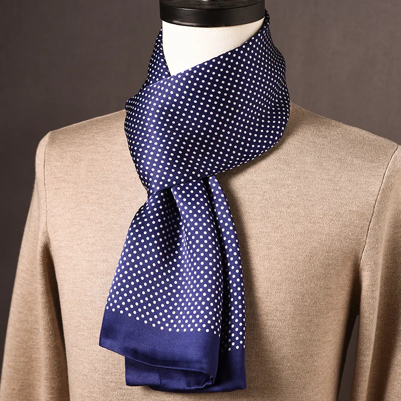 Blue Polka Dots Scarf Men 100 Mulberry Silk Scarves Business Suit Accessories Foulard Fashion Gifts for Man Double Layer Fits 260717