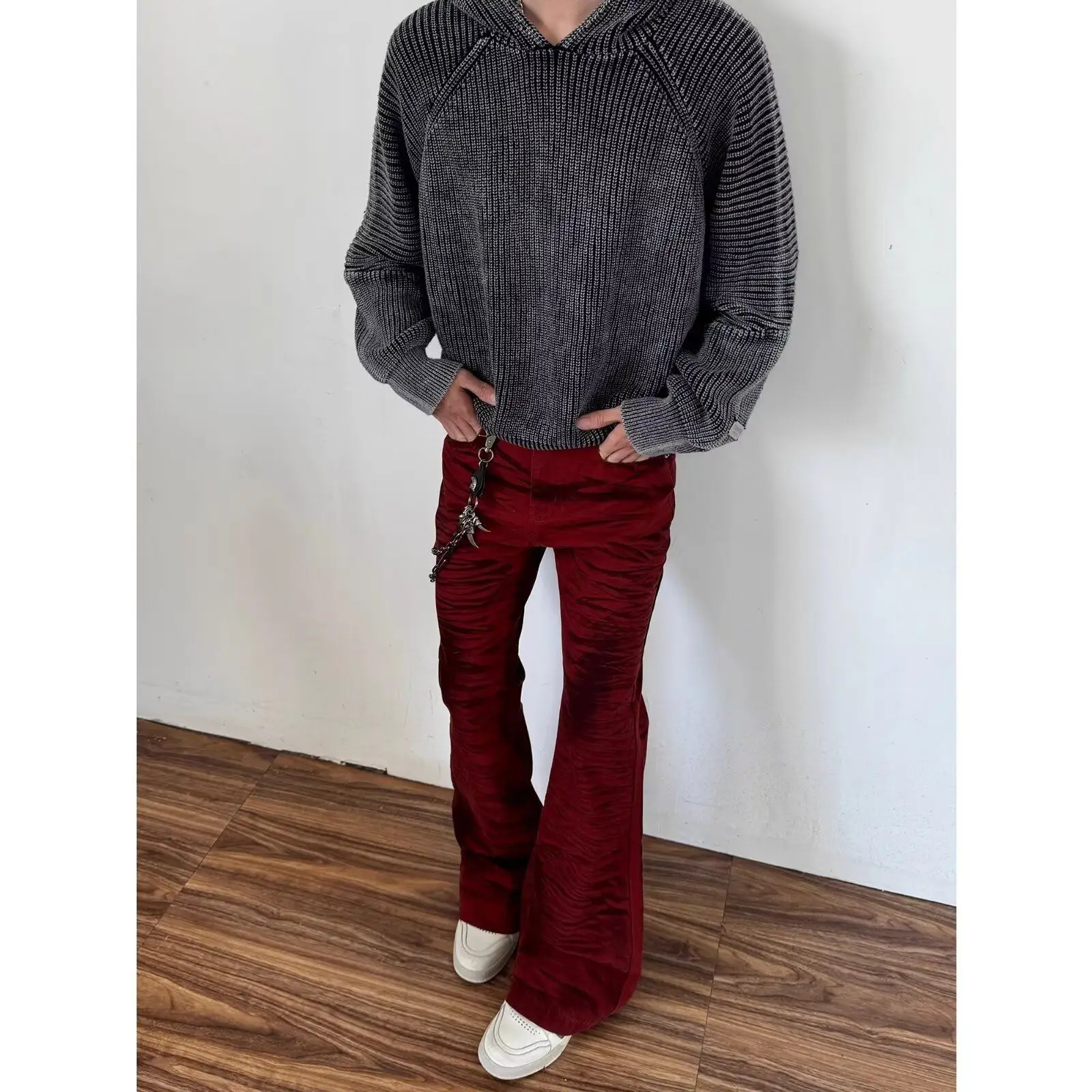 Autumn trendy red Y2K retro bootcut jeans mens trendy cleanfit American high street vibe flared pants 260717 - view 6