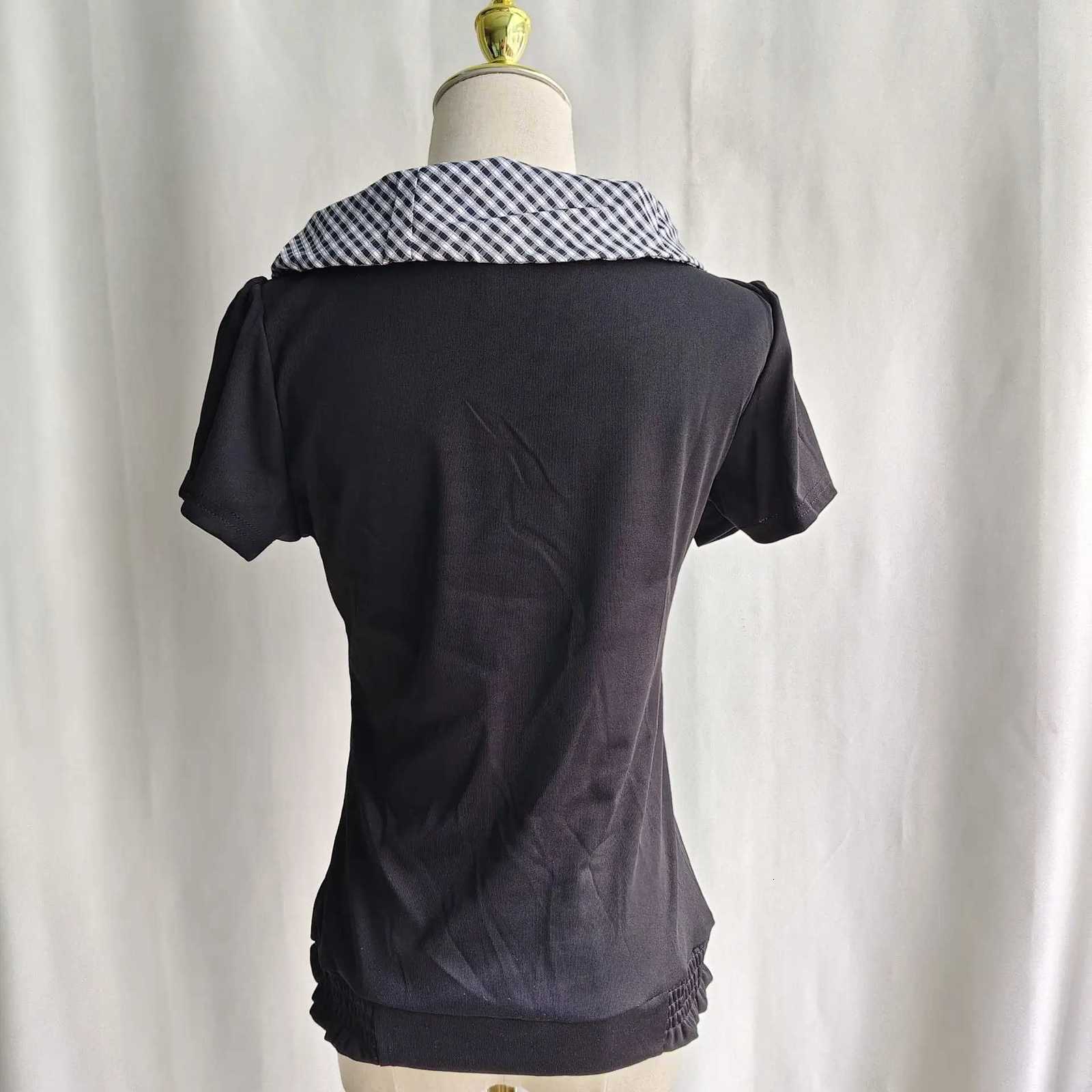 Sailor Irregular Plaid Kimotimo Retro Collar T-shirt Women Japanese Y2k Aesthetic Short Sleeve Tops Sweet Single Breasted Tees J260717